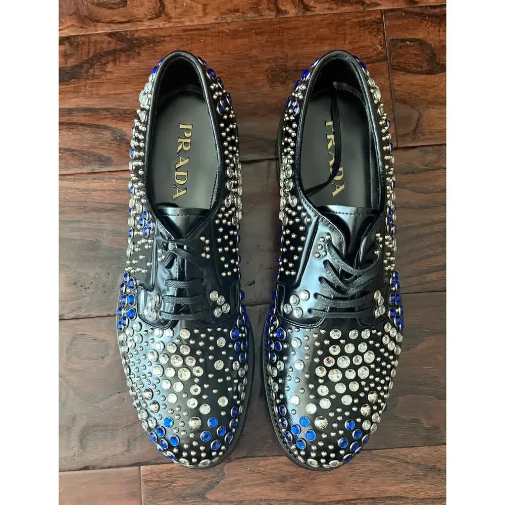 $2,750 NIB Prada Crystal Studded Spazzolato Leather Derby Shoes Black Blue US 10